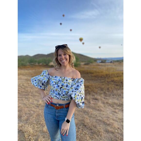 TANYA TAYLOR Blue Floral Cotton Off Shoulder Puff Sleeves Alondra Top Size 2 - Picture 13 of 14